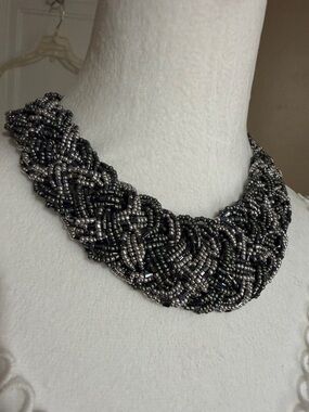 Jules B Woven Multi-Strand Seed Bead Statement Necklace - Black & Silver